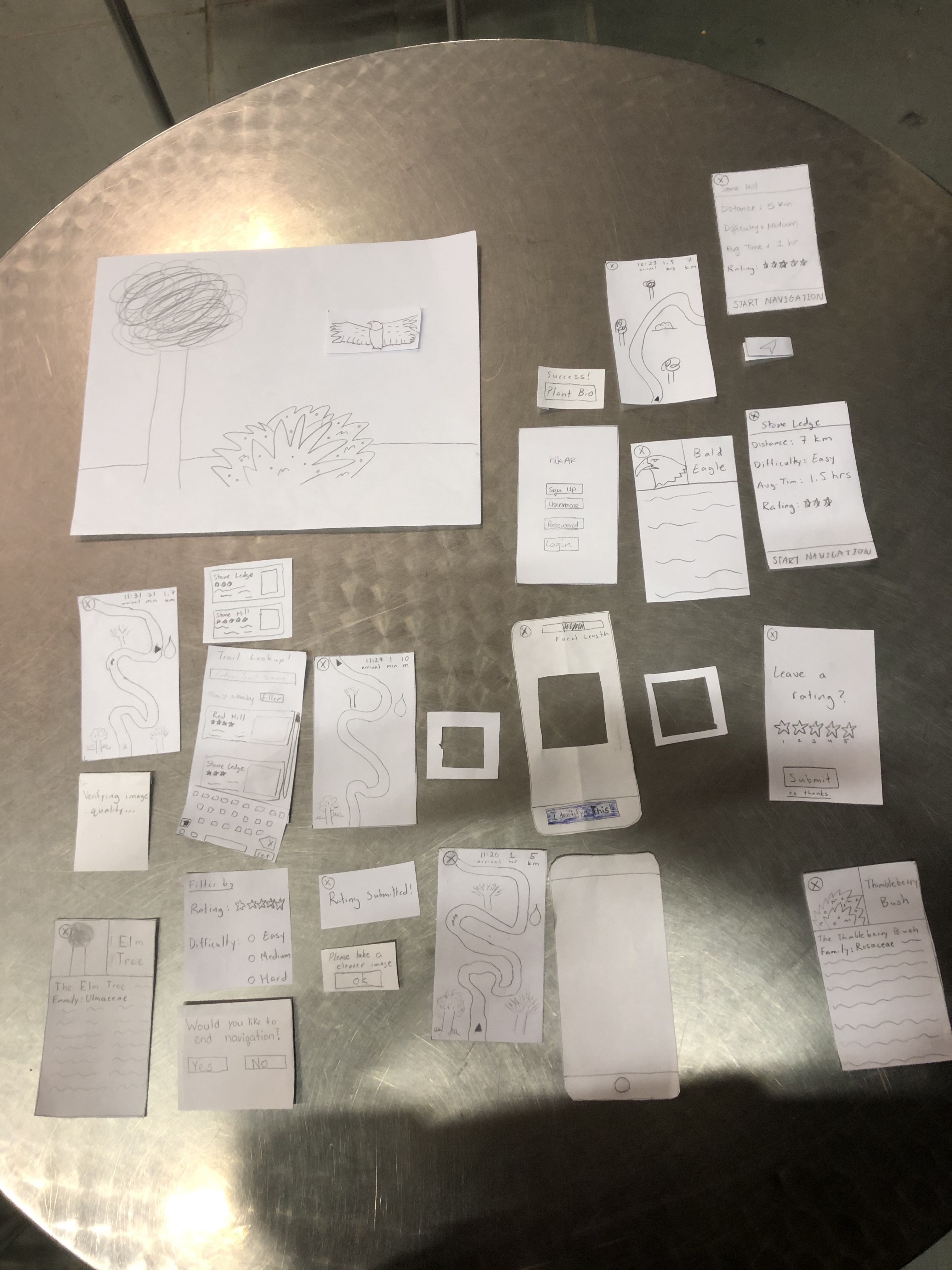 Overview of all the pieces of our paper prototype including the revisions
